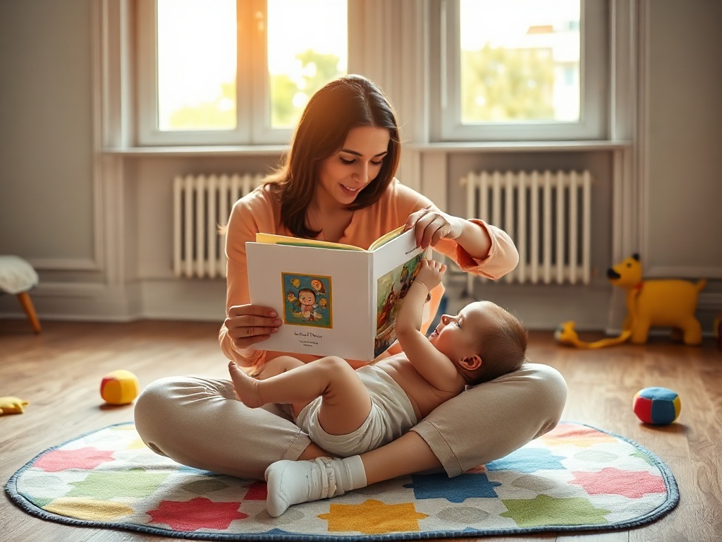 Une mère tenant un livre de comptines coloré devant son bébé de 5 mois, dans un salon parisien lumineux avec des jouets multicolores