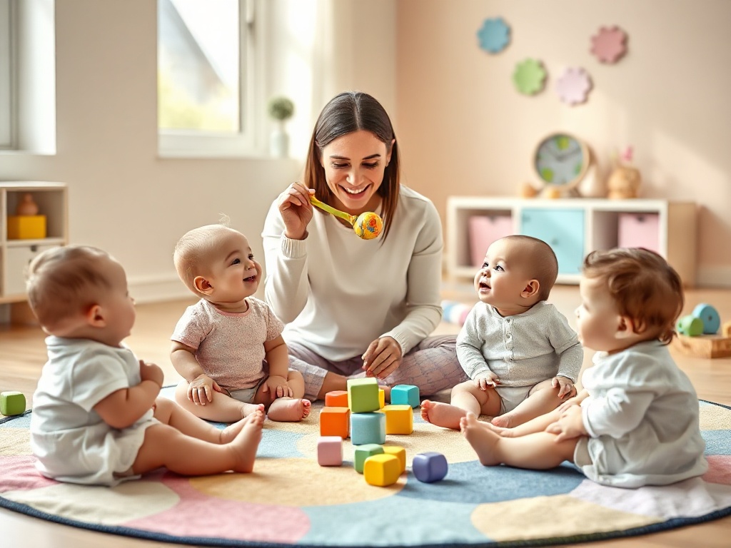 Groupe de bébés de 6 à 12 mois assis en cercle sur un tapis coloré avec une éducatrice souriante tenant un hochet, dans une salle de jeu lumineuse