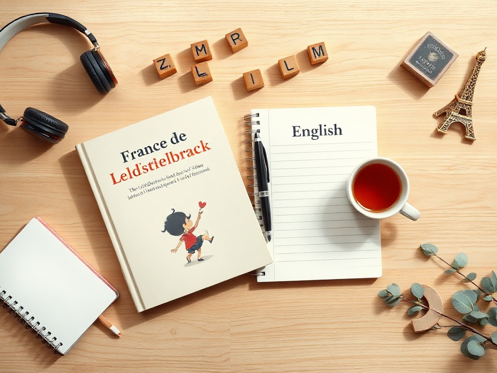 Un livre pour enfants en français et un en anglais côte à côte, carnet, casque audio et petite tour Eiffel