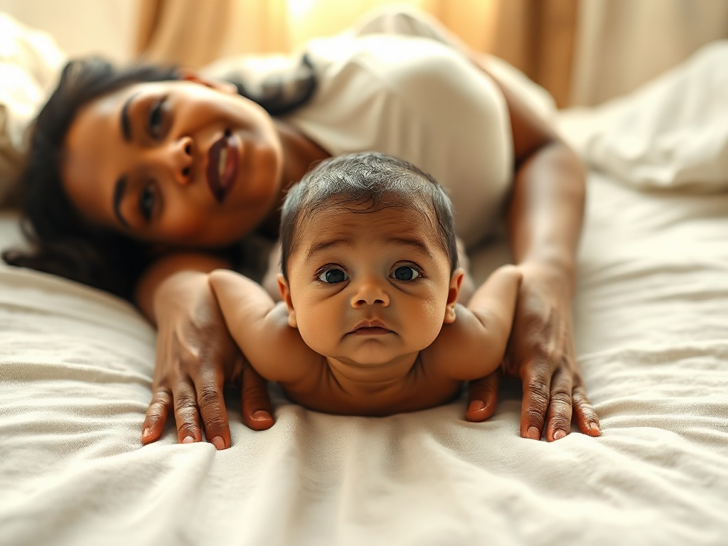 Mère allongée sur le dos, son nouveau-né posé contre sa poitrine ventre contre ventre pour une séance de tummy time peau à peau, regard tendre, lumière tamisée d'une chambre parisienne
