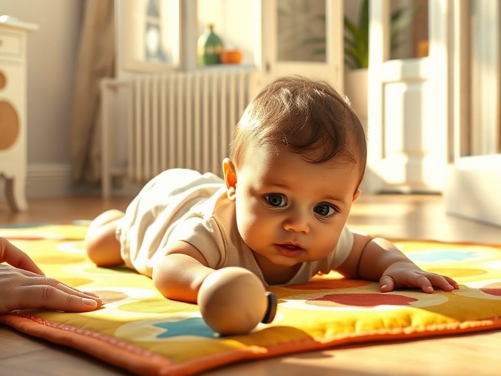 Bébé de 4 à 5 mois en position sur le ventre sur un tapis de jeu coloré, tête et torse relevés, tendant la main vers un jouet en bois, appartement parisien clair